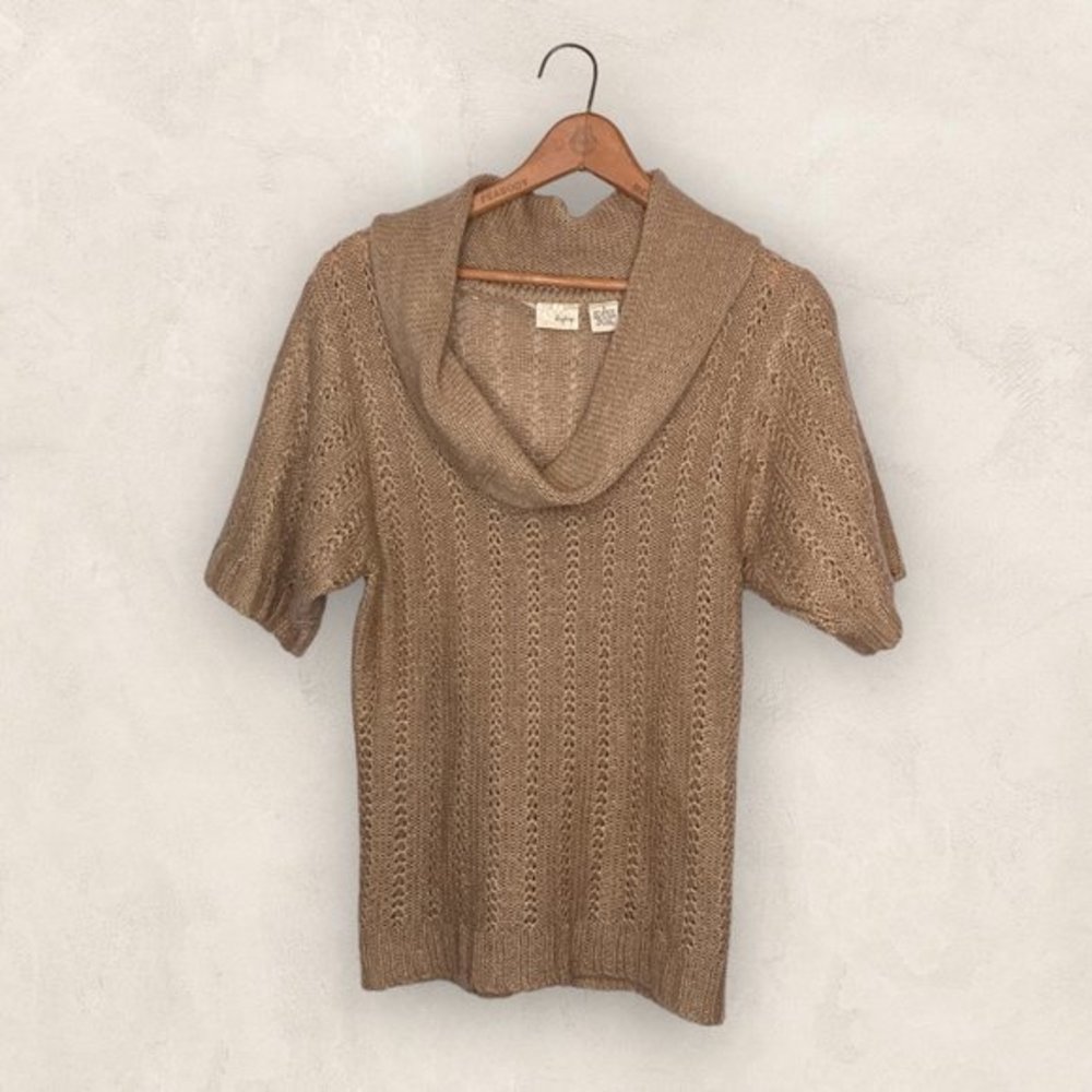 Daytrip Small S Buckle Beige Pointelle Knit Short Sleeve Cowl Neck Sweater Boho